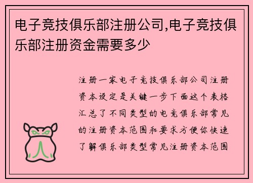 电子竞技俱乐部注册公司,电子竞技俱乐部注册资金需要多少